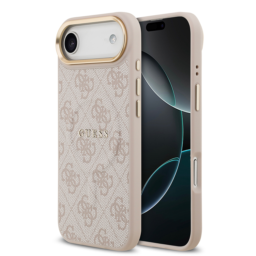 Apple iPhone 17 Air Kılıf Guess Orjinal Lisanslı M-safe Şarj Özellikli Gold Metal Kamera Çerçeveli PU Deri 4G Desenli Yazı Logolu Kapak - 4