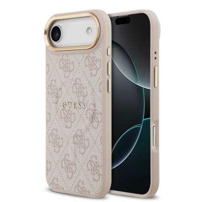 Apple iPhone 17 Air Kılıf Guess Orjinal Lisanslı M-safe Şarj Özellikli Gold Metal Kamera Çerçeveli PU Deri 4G Desenli Yazı Logolu Kapak Pembe