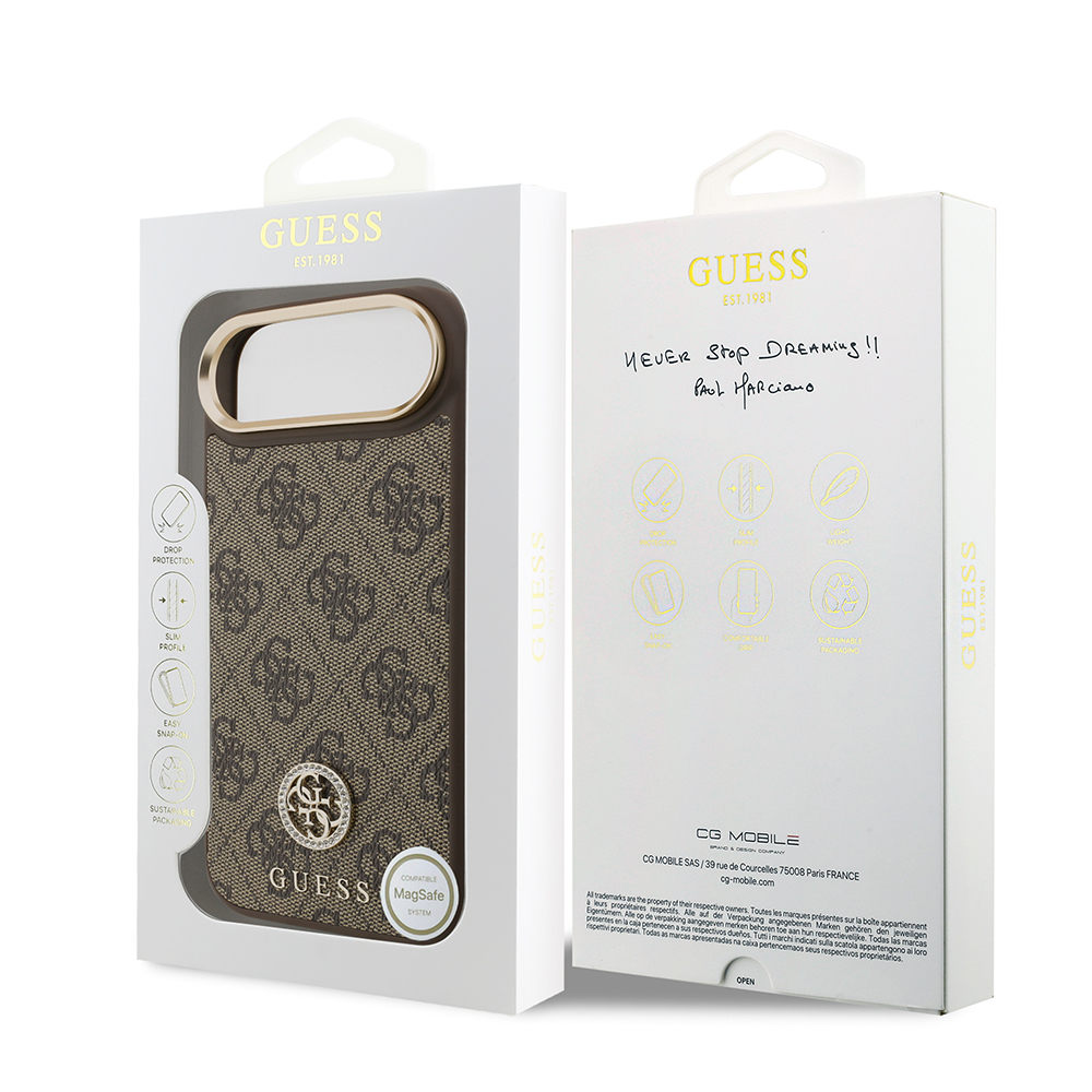 Apple iPhone 17 Air Kılıf Guess Orjinal Lisanslı M-safe Şarj Özellikli Gold Metal Kamera Çerçeveli Taşlı 4G Logolu Kapak - 16