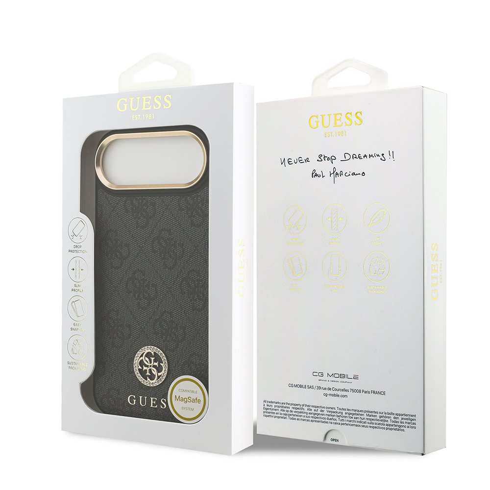 Apple iPhone 17 Air Kılıf Guess Orjinal Lisanslı M-safe Şarj Özellikli Gold Metal Kamera Çerçeveli Taşlı 4G Logolu Kapak - 17