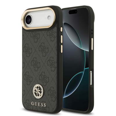 Apple iPhone 17 Air Kılıf Guess Orjinal Lisanslı M-safe Şarj Özellikli Gold Metal Kamera Çerçeveli Taşlı 4G Logolu Kapak Siyah