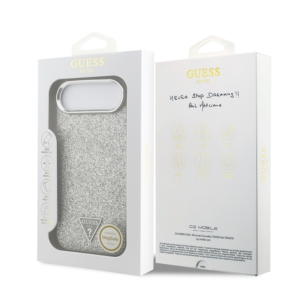 Apple iPhone 17 Air Kılıf Guess Orjinal Lisanslı M-safe Şarj Özellikli Metal Kamera Çerçeveli Üçgen Logolu Glitter Kapak - 30