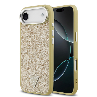 Apple iPhone 17 Air Kılıf Guess Orjinal Lisanslı M-safe Şarj Özellikli Metal Kamera Çerçeveli Üçgen Logolu Glitter Kapak Gold