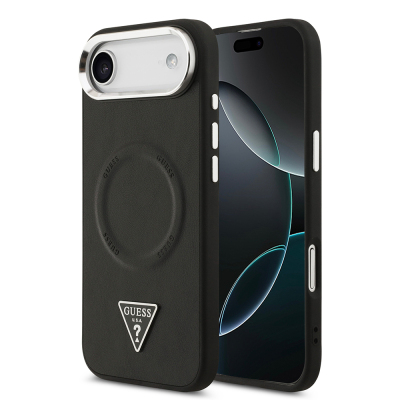 Apple iPhone 17 Air Kılıf Guess Orjinal Lisanslı M-safe Şarj Özellikli PU Deri Metal Kamera Çerçeveli Üçgen Logolu Kapak Siyah
