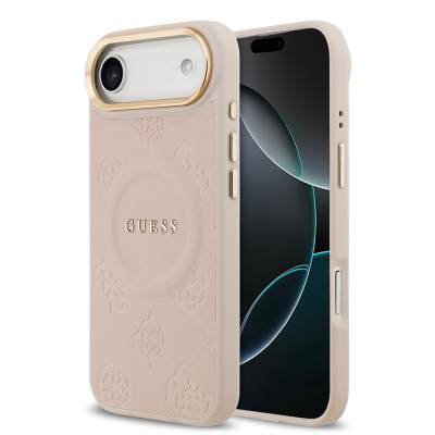 Apple iPhone 17 Air Kılıf Guess Orjinal Lisanslı M-safe Şarj Özellikli Sıcak Baskılı Yazı Logolu PU Deri Peony Kapak Pembe