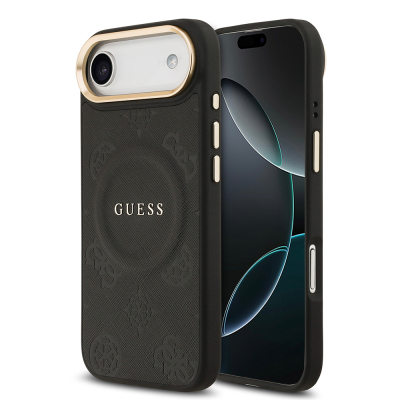 Apple iPhone 17 Air Kılıf Guess Orjinal Lisanslı M-safe Şarj Özellikli Sıcak Baskılı Yazı Logolu PU Deri Peony Kapak Siyah