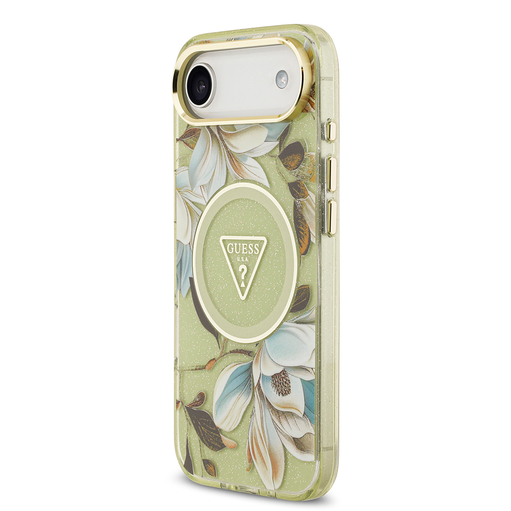 Apple iPhone 17 Air Kılıf Guess Orjinal Lisanslı M-safe Şarj Özellikli Simli Çiçek Desenli Metal Kamera Çerçeveli Üçgen Logolu Kapak - 18