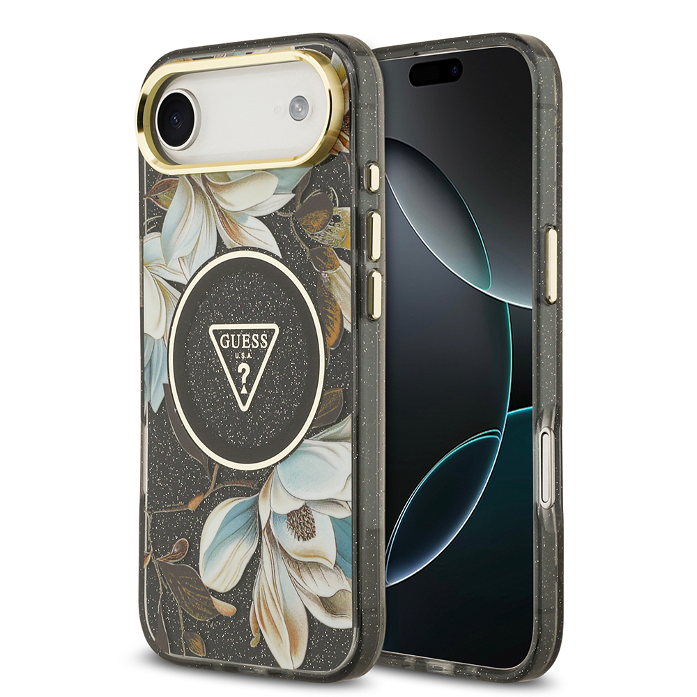 Apple iPhone 17 Air Kılıf Guess Orjinal Lisanslı M-safe Şarj Özellikli Simli Çiçek Desenli Metal Kamera Çerçeveli Üçgen Logolu Kapak - 4