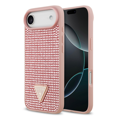 Apple iPhone 17 Air Kılıf Guess Orjinal Lisanslı Taşlı Arka Yüzey Üçgen Logolu Kapak Pembe