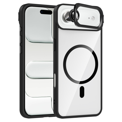 Apple iPhone 17 Air Kılıf Standlı ve Kamera Lens Hediyeli M-Safe Şarj Özellikli Zore Etro Kapak Siyah