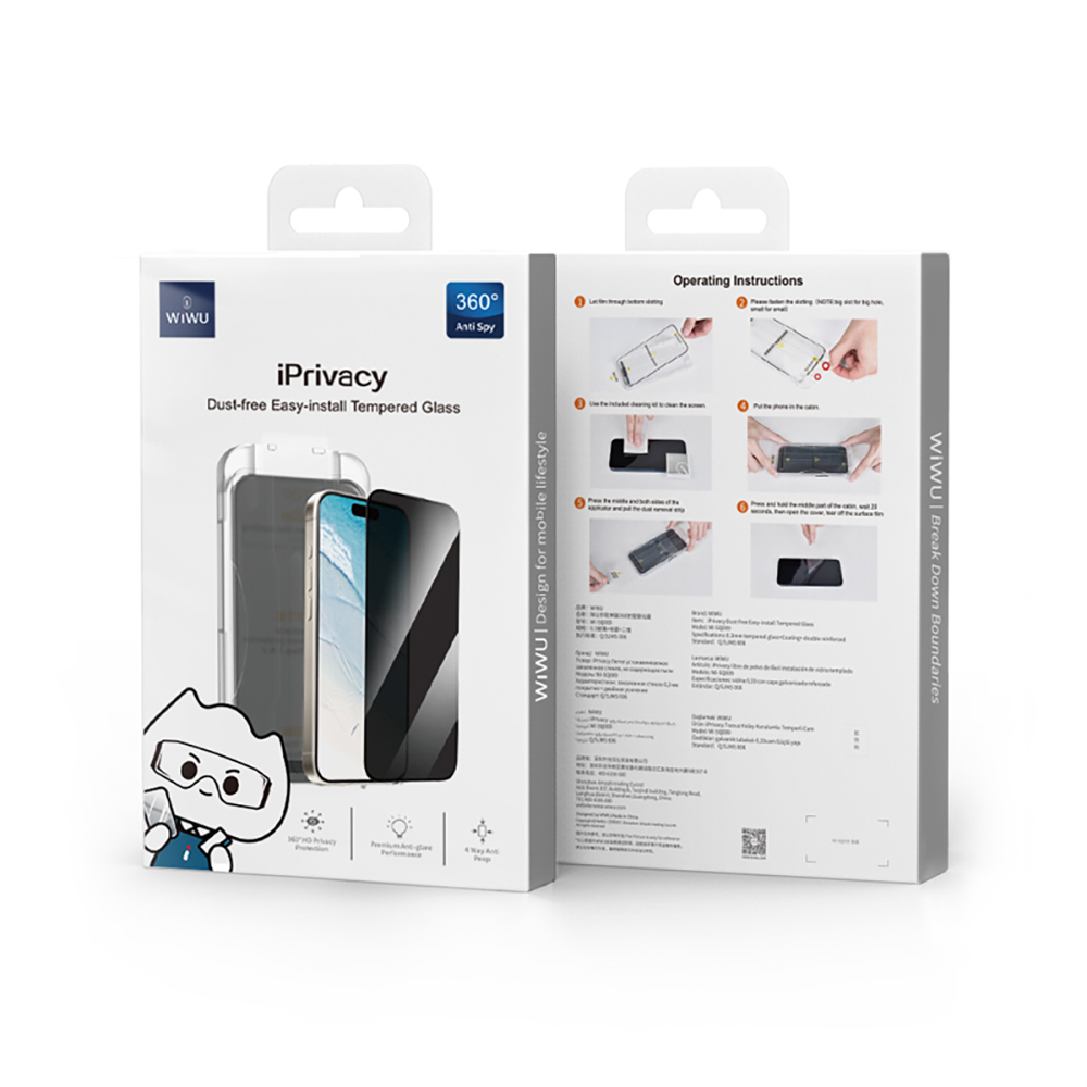 Apple iPhone 17 Air Wiwu Wi-SQ009 Easy Install iPrivacy 360° Anti-Peep Oleophobic Tempered Glass Screen Protector + Easy Application Tool - 6
