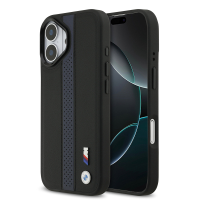Apple iPhone 17 Case BMW Original Licensed M-safe Charging Feature Leather Back Surface Metal Logo Perforated Strip Design Cover Blue