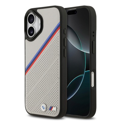 Apple iPhone 17 Case BMW Original Licensed M-Safe Charging Feature M Logo Three Stripe Perforated Leather Cover Grey