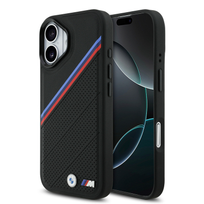 Apple iPhone 17 Case BMW Original Licensed M-Safe Charging Feature M Logo Three Stripe Perforated Leather Cover Black