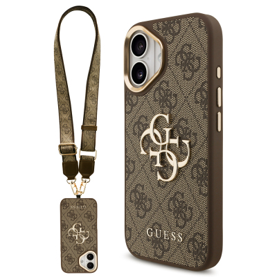 Apple iPhone 17 Case Guess Original Licensed 4G Large Metal Logo Thick Strap Cover Brown