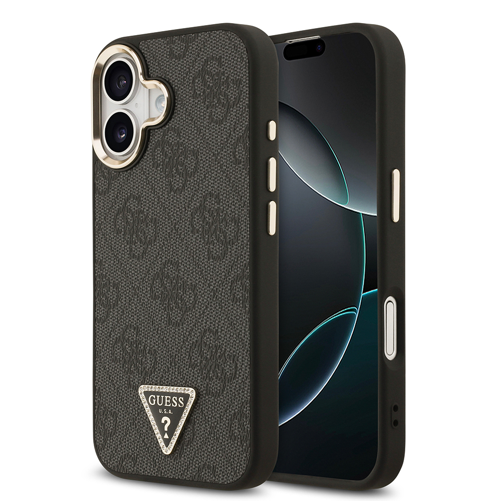 Apple iPhone 17 Case Guess Original Licensed Gold Metal Camera Frame Stone Triangle Logo 4G Patterned Cover - 1