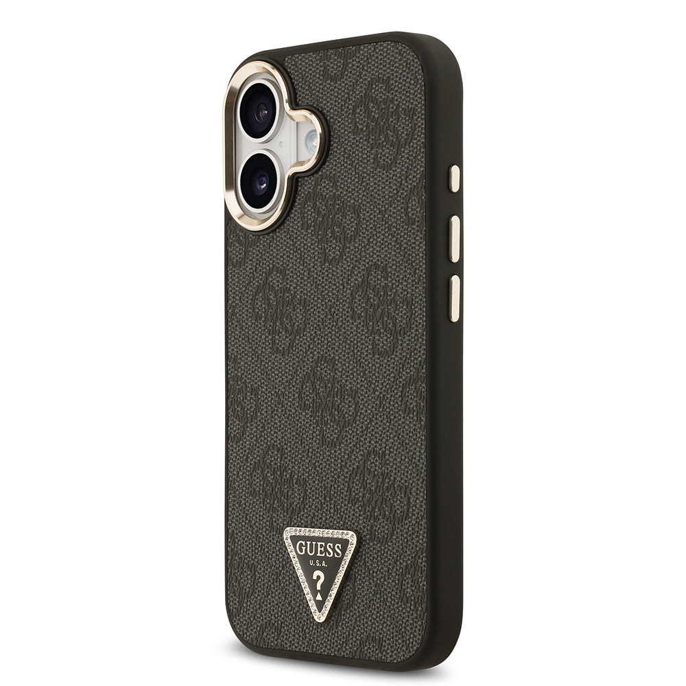 Apple iPhone 17 Case Guess Original Licensed Gold Metal Camera Frame Stone Triangle Logo 4G Patterned Cover - 4