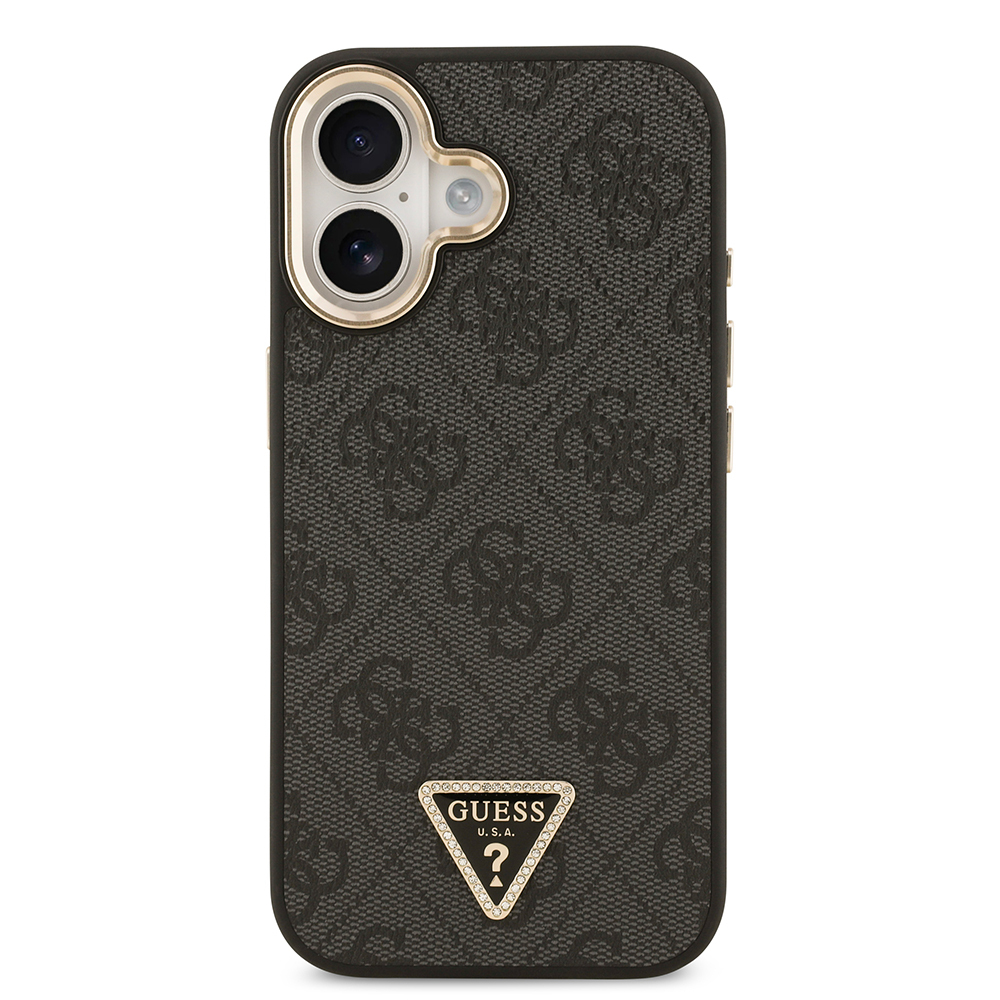 Apple iPhone 17 Case Guess Original Licensed Gold Metal Camera Frame Stone Triangle Logo 4G Patterned Cover - 5