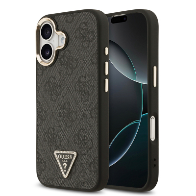 Apple iPhone 17 Case Guess Original Licensed Gold Metal Camera Frame Stone Triangle Logo 4G Patterned Cover Black
