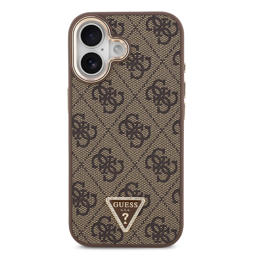 Apple iPhone 17 Case Guess Original Licensed Gold Metal Camera Frame Stone Triangle Logo 4G Patterned Cover - 12
