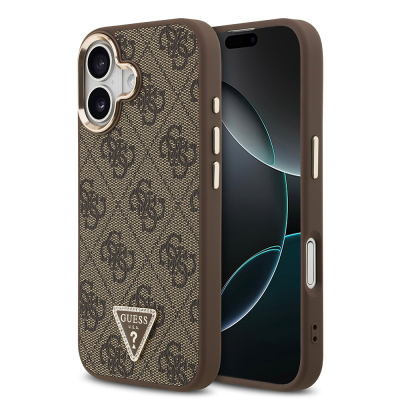 Apple iPhone 17 Case Guess Original Licensed Gold Metal Camera Frame Stone Triangle Logo 4G Patterned Cover Brown