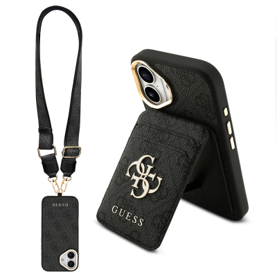 Apple iPhone 17 Case Guess Original Licensed M-safe Charging Case with Strap and 4G Logo Card Holder Black