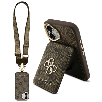 Apple iPhone 17 Case Guess Original Licensed M-safe Charging Case with Strap and 4G Logo Card Holder Brown