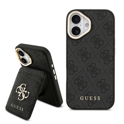 Apple iPhone 17 Case Guess Original Licensed M-safe Charging Feature 4G Metal Large Logo Card Holder Cover Black