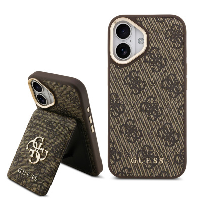 Apple iPhone 17 Case Guess Original Licensed M-safe Charging Feature 4G Metal Large Logo Card Holder Cover Brown