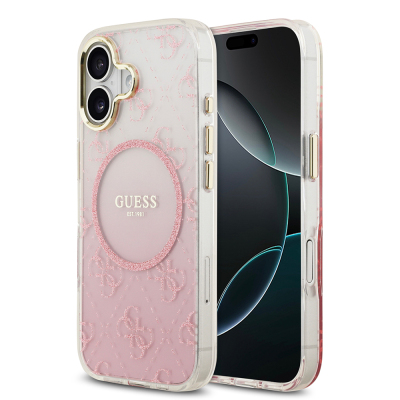 Apple iPhone 17 Case Guess Original Licensed M-safe Charging Feature 4G Patterned Glitter Silicone Cover Pink