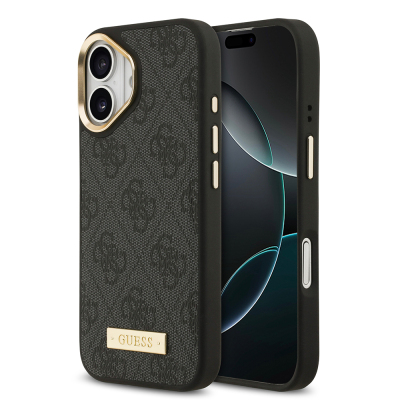 Apple iPhone 17 Case Guess Original Licensed M-safe Charging Feature 4G Patterned PU Metal Plate Classic Logo Cover Black
