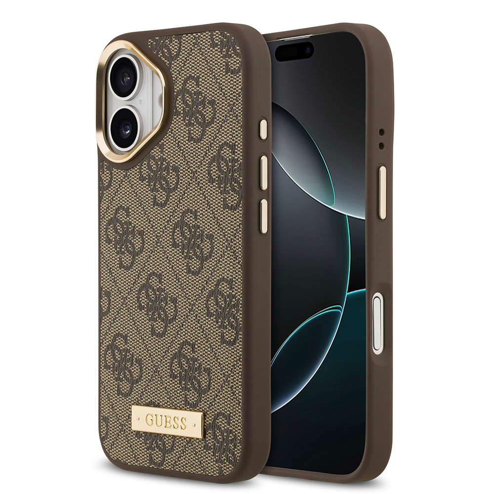 Apple iPhone 17 Case Guess Original Licensed M-safe Charging Feature 4G Patterned PU Metal Plate Classic Logo Cover - 4