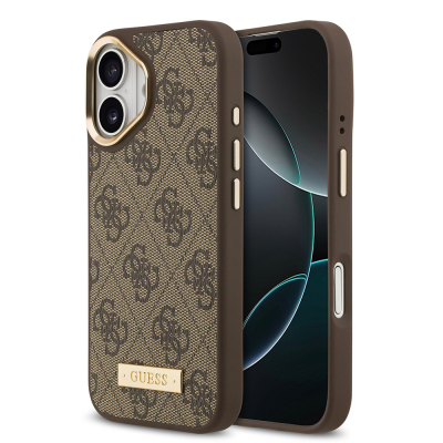 Apple iPhone 17 Case Guess Original Licensed M-safe Charging Feature 4G Patterned PU Metal Plate Classic Logo Cover Brown