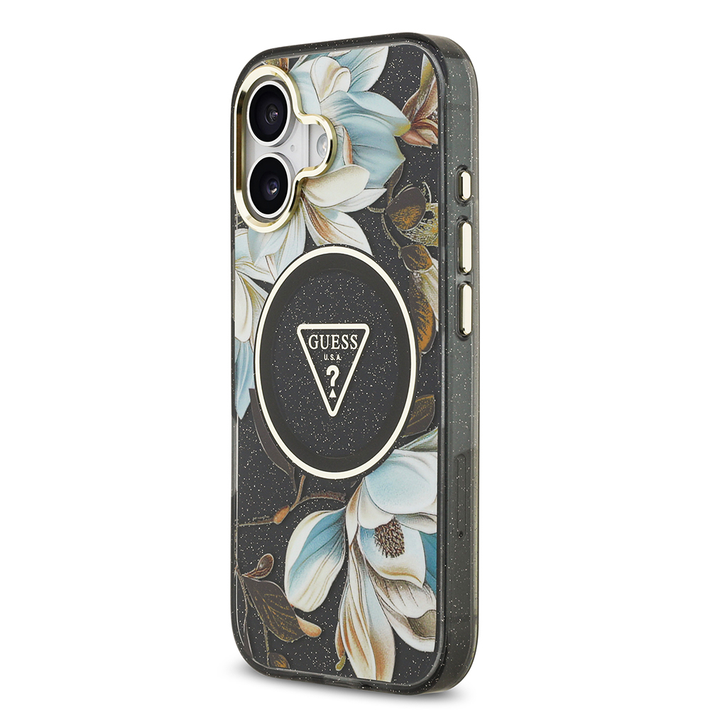 Apple iPhone 17 Case Guess Original Licensed M-safe Charging Feature Glittery Flower Patterned Metal Camera Frame Triangle Logo Cover - 6