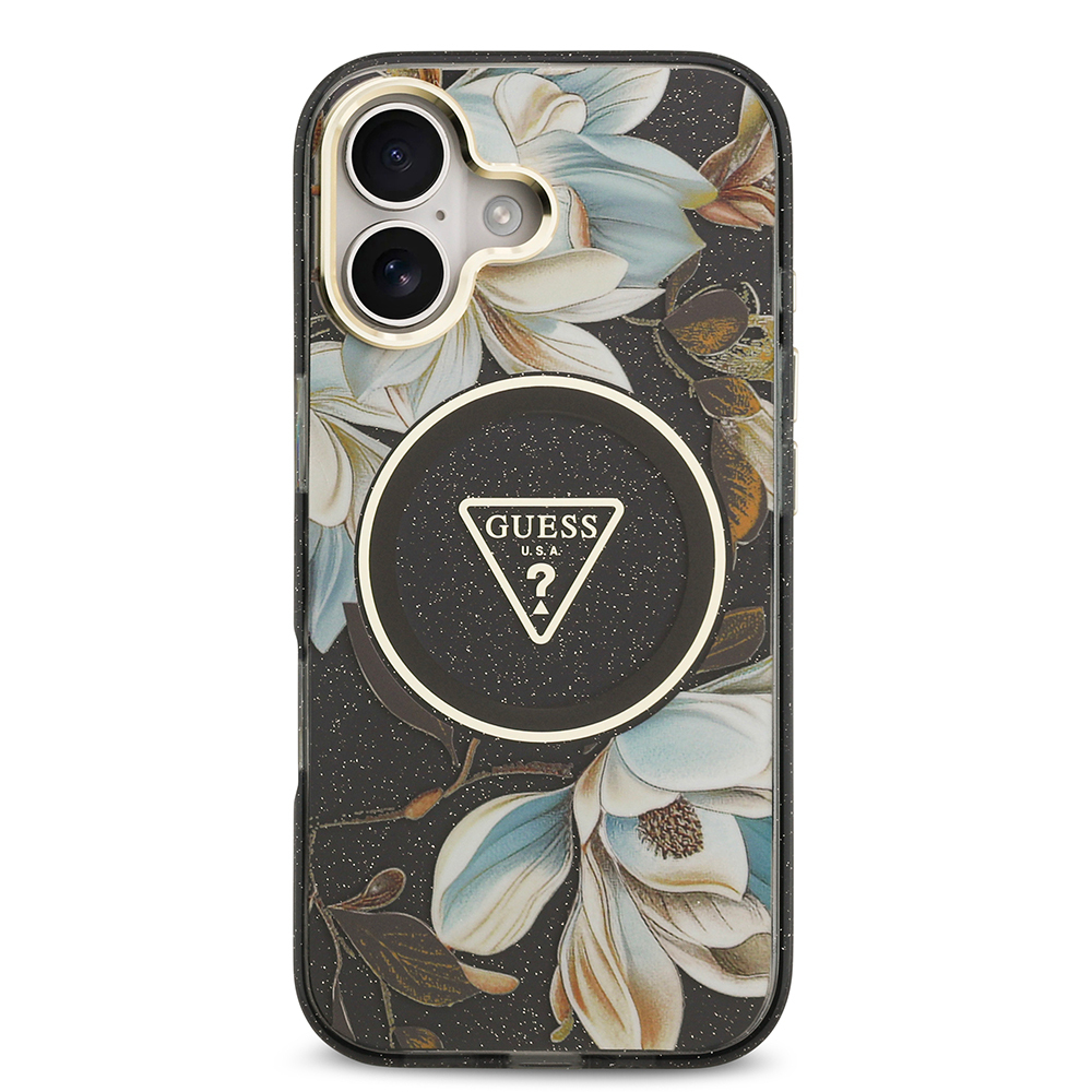 Apple iPhone 17 Case Guess Original Licensed M-safe Charging Feature Glittery Flower Patterned Metal Camera Frame Triangle Logo Cover - 7