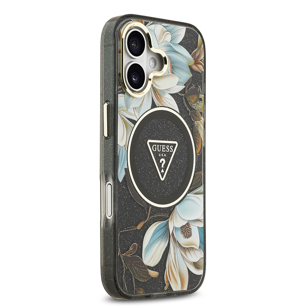 Apple iPhone 17 Case Guess Original Licensed M-safe Charging Feature Glittery Flower Patterned Metal Camera Frame Triangle Logo Cover - 8
