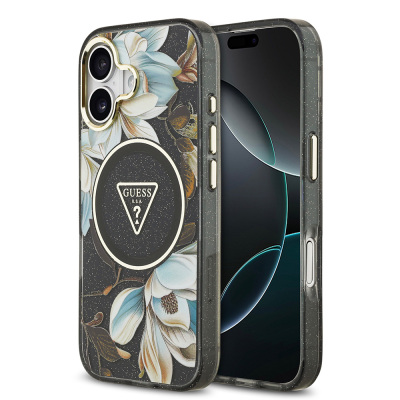 Apple iPhone 17 Case Guess Original Licensed M-safe Charging Feature Glittery Flower Patterned Metal Camera Frame Triangle Logo Cover Black