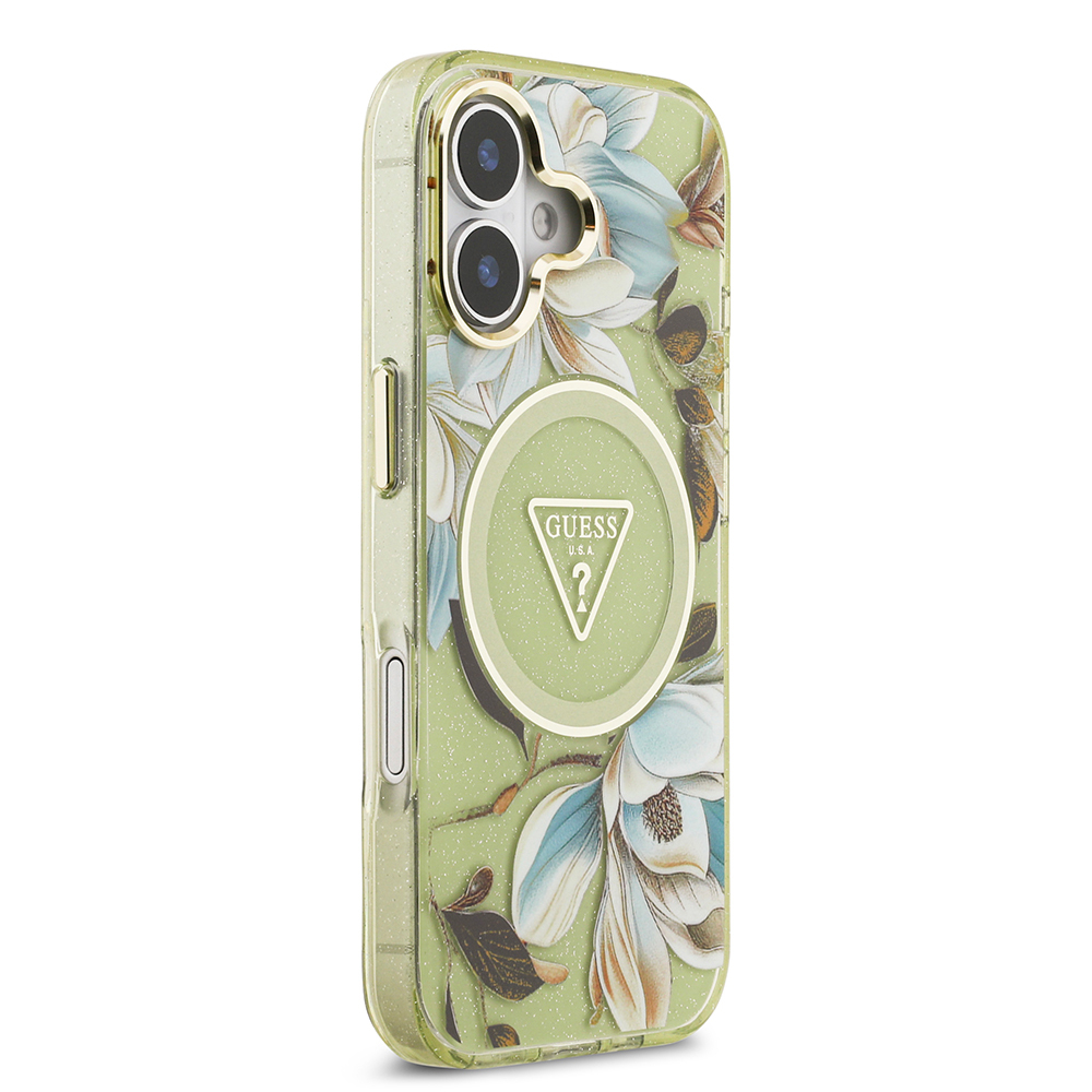 Apple iPhone 17 Case Guess Original Licensed M-safe Charging Feature Glittery Flower Patterned Metal Camera Frame Triangle Logo Cover - 15
