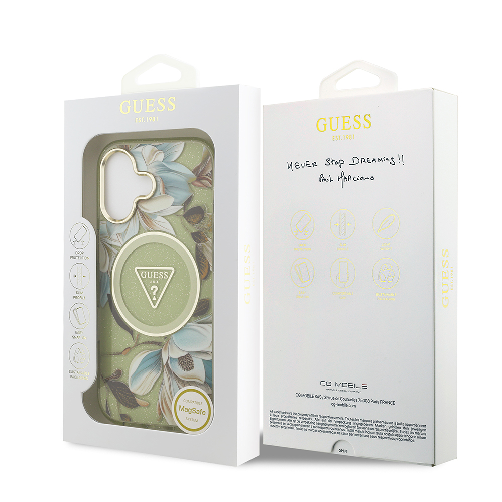 Apple iPhone 17 Case Guess Original Licensed M-safe Charging Feature Glittery Flower Patterned Metal Camera Frame Triangle Logo Cover - 19