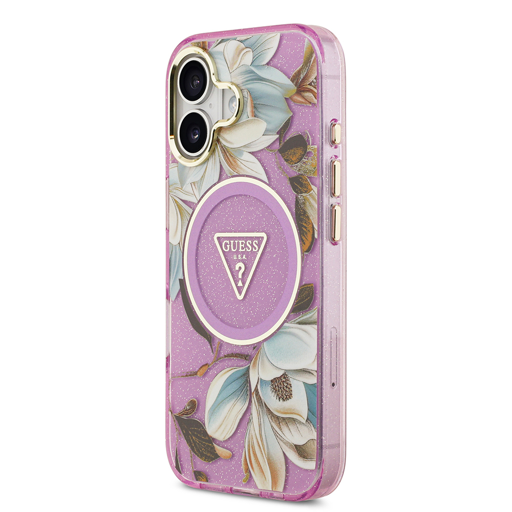 Apple iPhone 17 Case Guess Original Licensed M-safe Charging Feature Glittery Flower Patterned Metal Camera Frame Triangle Logo Cover - 20