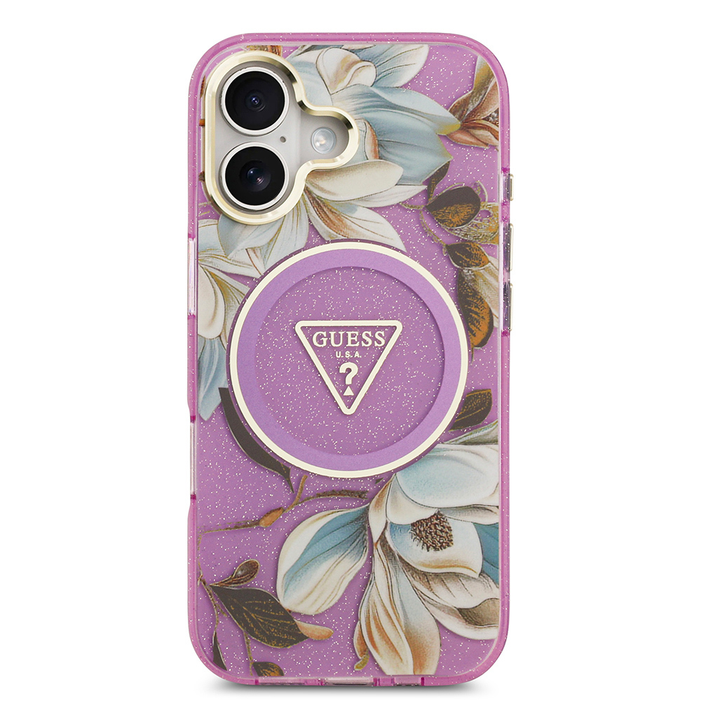 Apple iPhone 17 Case Guess Original Licensed M-safe Charging Feature Glittery Flower Patterned Metal Camera Frame Triangle Logo Cover - 21