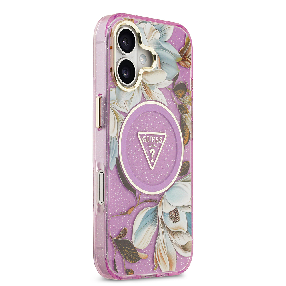 Apple iPhone 17 Case Guess Original Licensed M-safe Charging Feature Glittery Flower Patterned Metal Camera Frame Triangle Logo Cover - 22