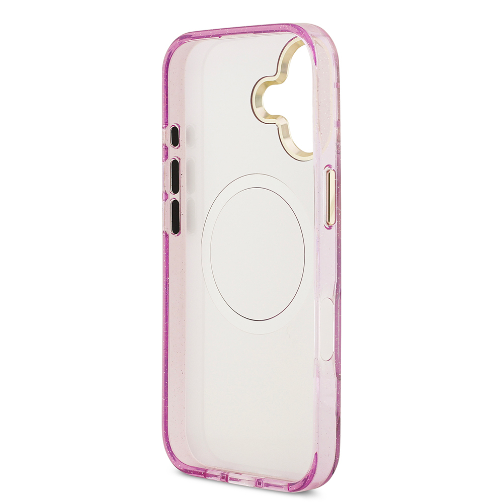 Apple iPhone 17 Case Guess Original Licensed M-safe Charging Feature Glittery Flower Patterned Metal Camera Frame Triangle Logo Cover - 25