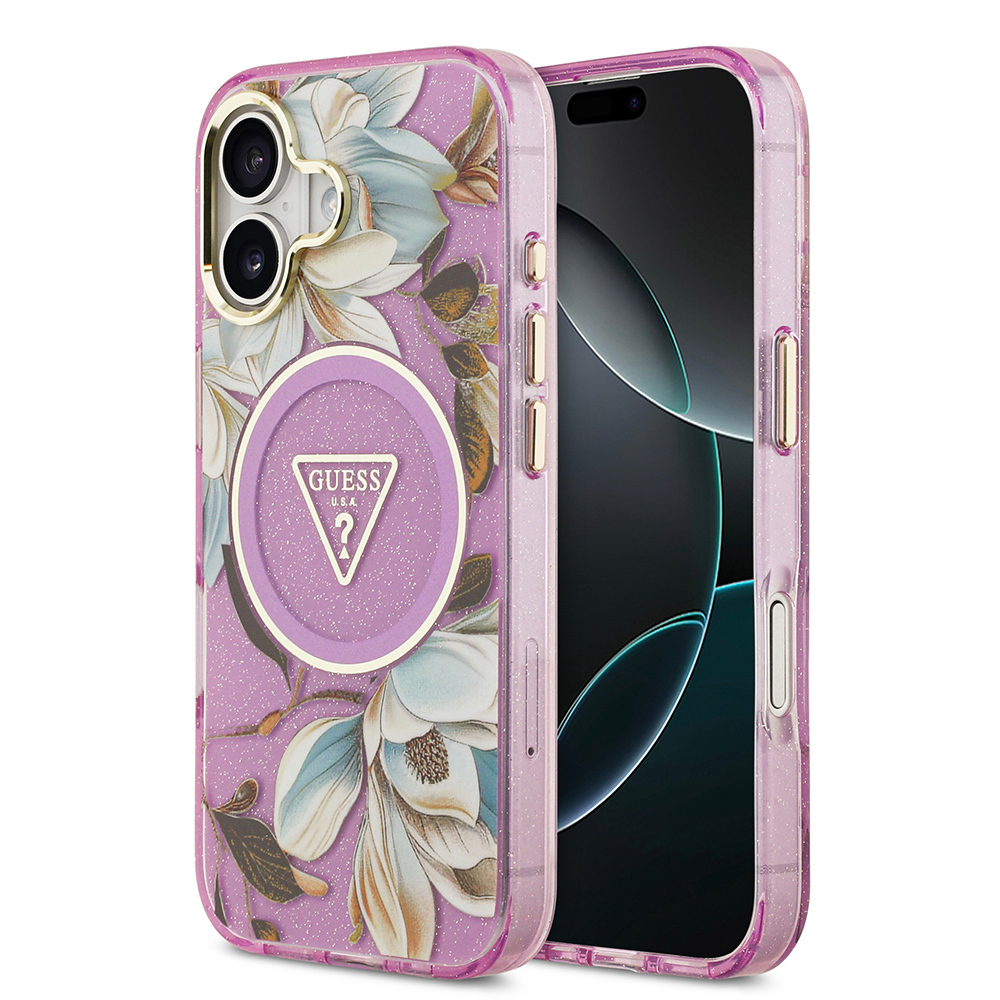 Apple iPhone 17 Case Guess Original Licensed M-safe Charging Feature Glittery Flower Patterned Metal Camera Frame Triangle Logo Cover - 4