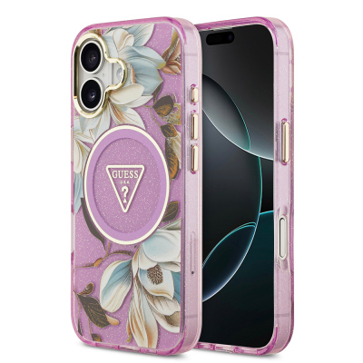 Apple iPhone 17 Case Guess Original Licensed M-safe Charging Feature Glittery Flower Patterned Metal Camera Frame Triangle Logo Cover Purple