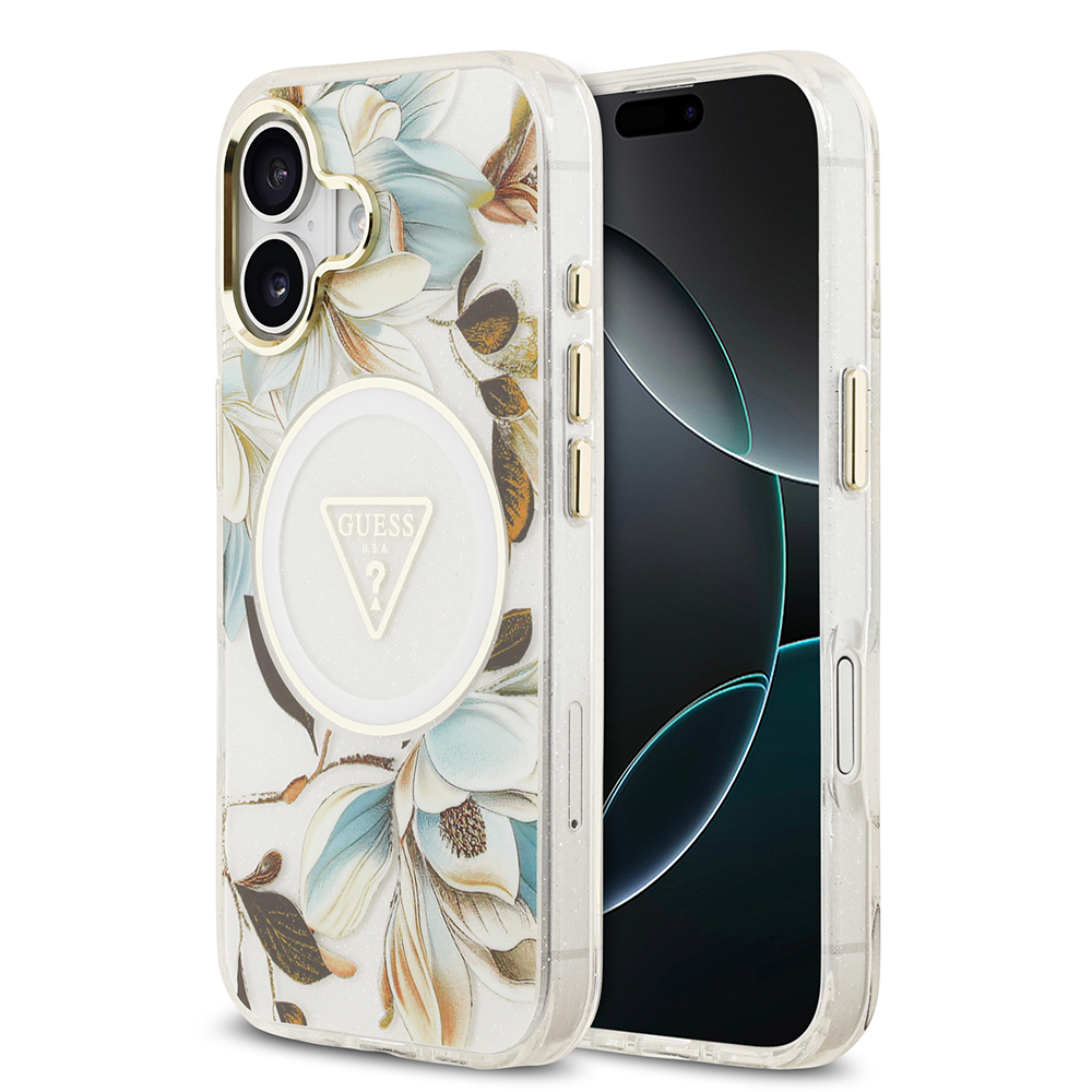 Apple iPhone 17 Case Guess Original Licensed M-safe Charging Feature Glittery Flower Patterned Metal Camera Frame Triangle Logo Cover - 5