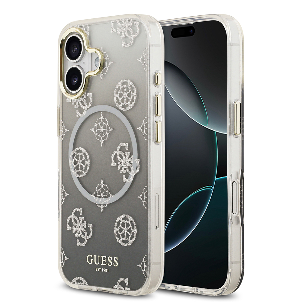 Apple iPhone 17 Case Guess Original Licensed M-safe Charging Feature Glittery Peony Patterned Silicone Cover - 1