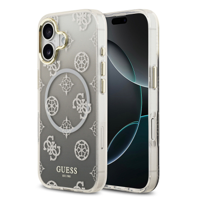 Apple iPhone 17 Case Guess Original Licensed M-safe Charging Feature Glittery Peony Patterned Silicone Cover Black