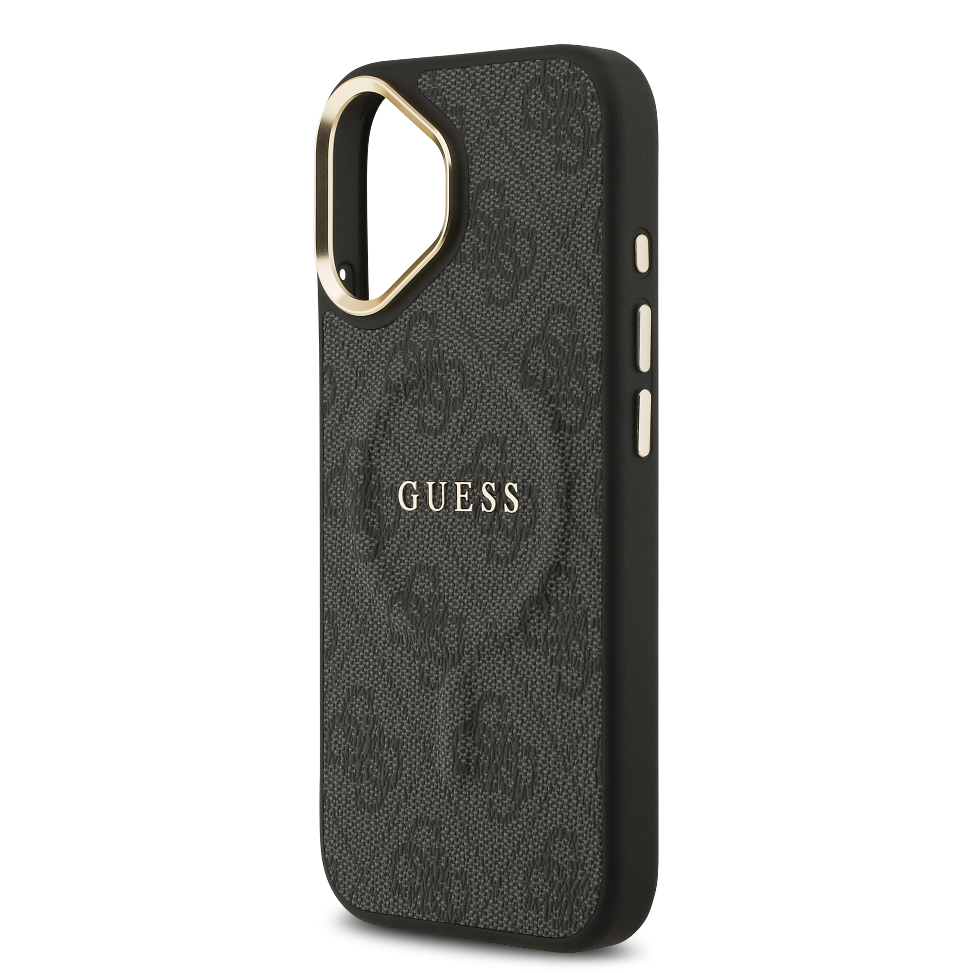 Apple iPhone 17 Case Guess Original Licensed M-safe Charging Feature Gold Metal Camera Frame PU Leather 4G Patterned Text Logo Cover - 7