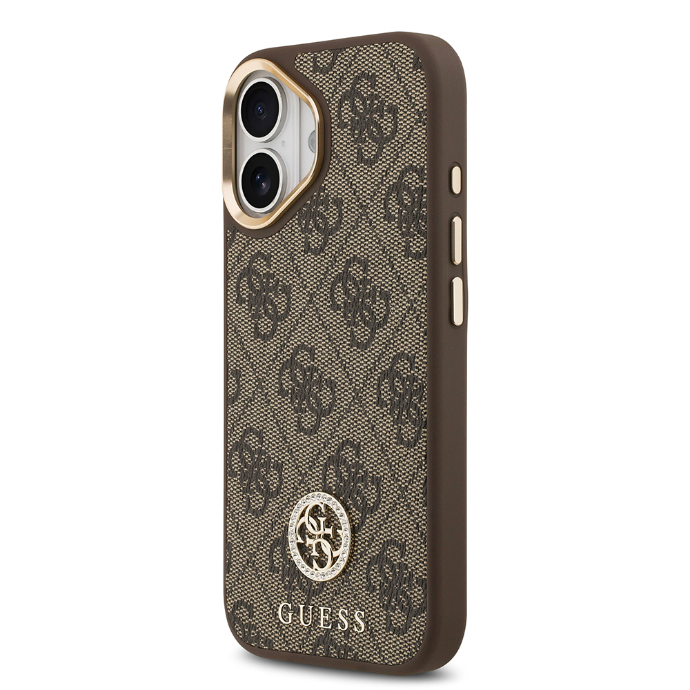 Apple iPhone 17 Case Guess Original Licensed M-safe Charging Feature Gold Metal Camera Frame Stone 4G Logo Cover - 10